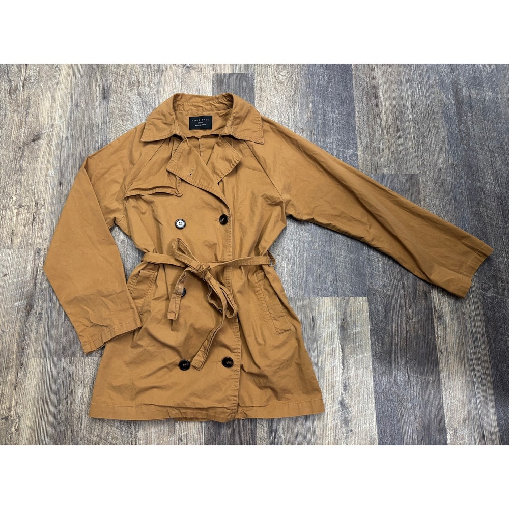 Love Tree Women Camel Brown Double Breasted Belted Trench Coat Small 100% Cotton